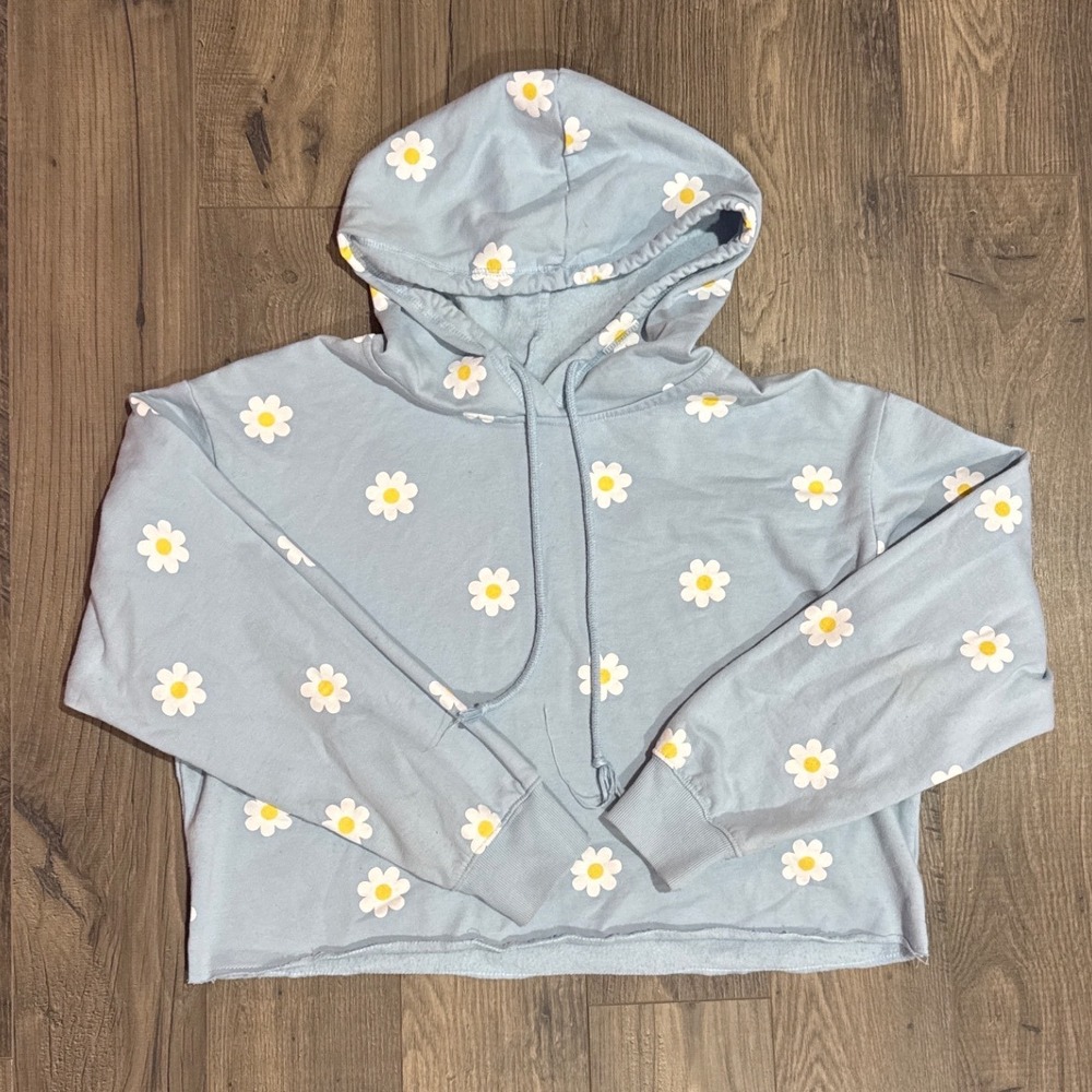 No Boundaries Light Blue Daisy Floral Cropped Hoodie Sweatshirt Womens Large L